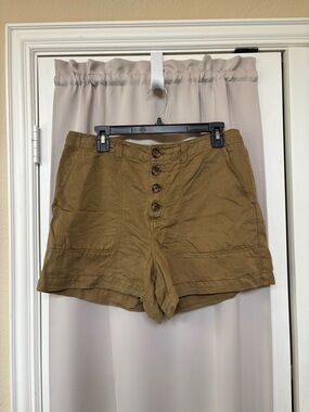 LOFT High-Waist Button-Front Shorts — Green / Brown